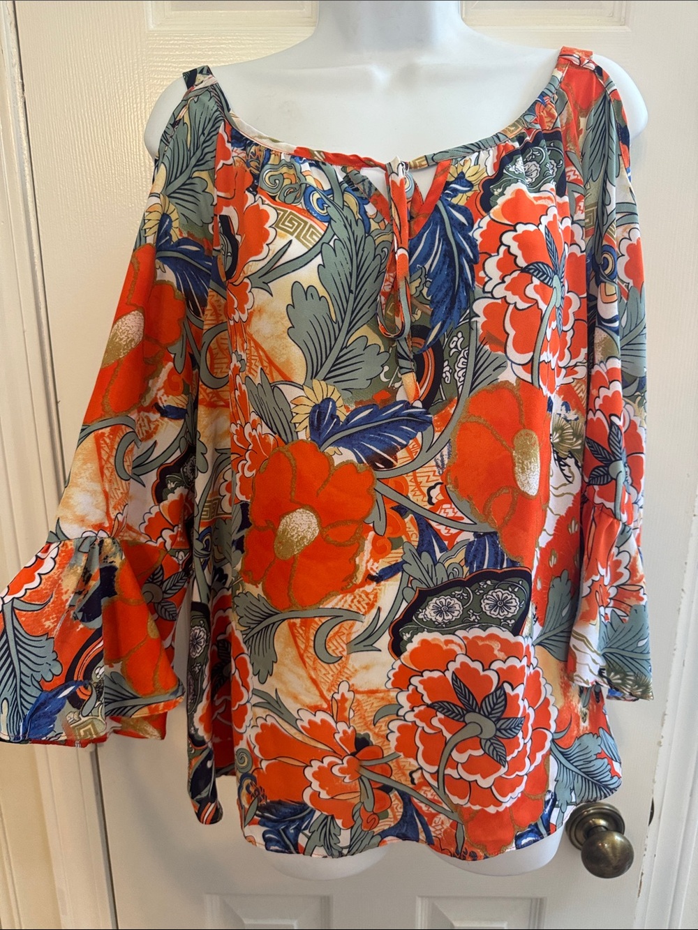 Peter Nygard Orange Floral Cold-Shoulder Tunic with Blue-Green Accents